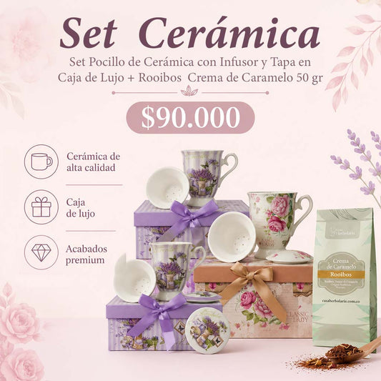 Set Pocillo de Cerámica con Infusor y Tapa. Caja de Lujo