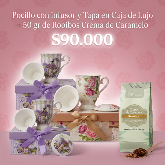 Set Pocillo de Cerámica con Infusor y Tapa. Caja de Lujo