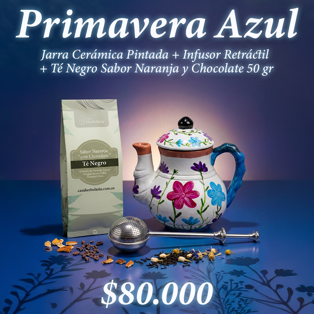 Jarra Cerámica Pintada + Infusor Retráctil + Té Negro Sabor Naranja y Chocolate 50 gr