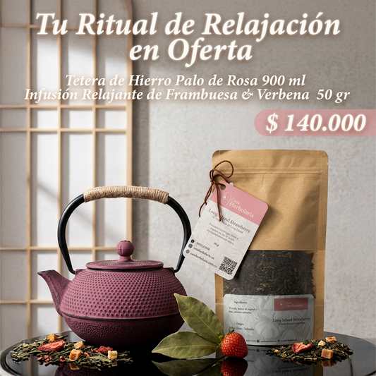 Tetera de Hierro Palo de Rosa 900 ml + Infusión Relajante de Frambuesa & Verbena  50 gr