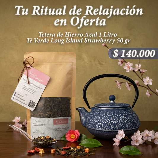 Tetera de Hierro Azul 1L + Té Verde Long Island Strawberry 50 gr