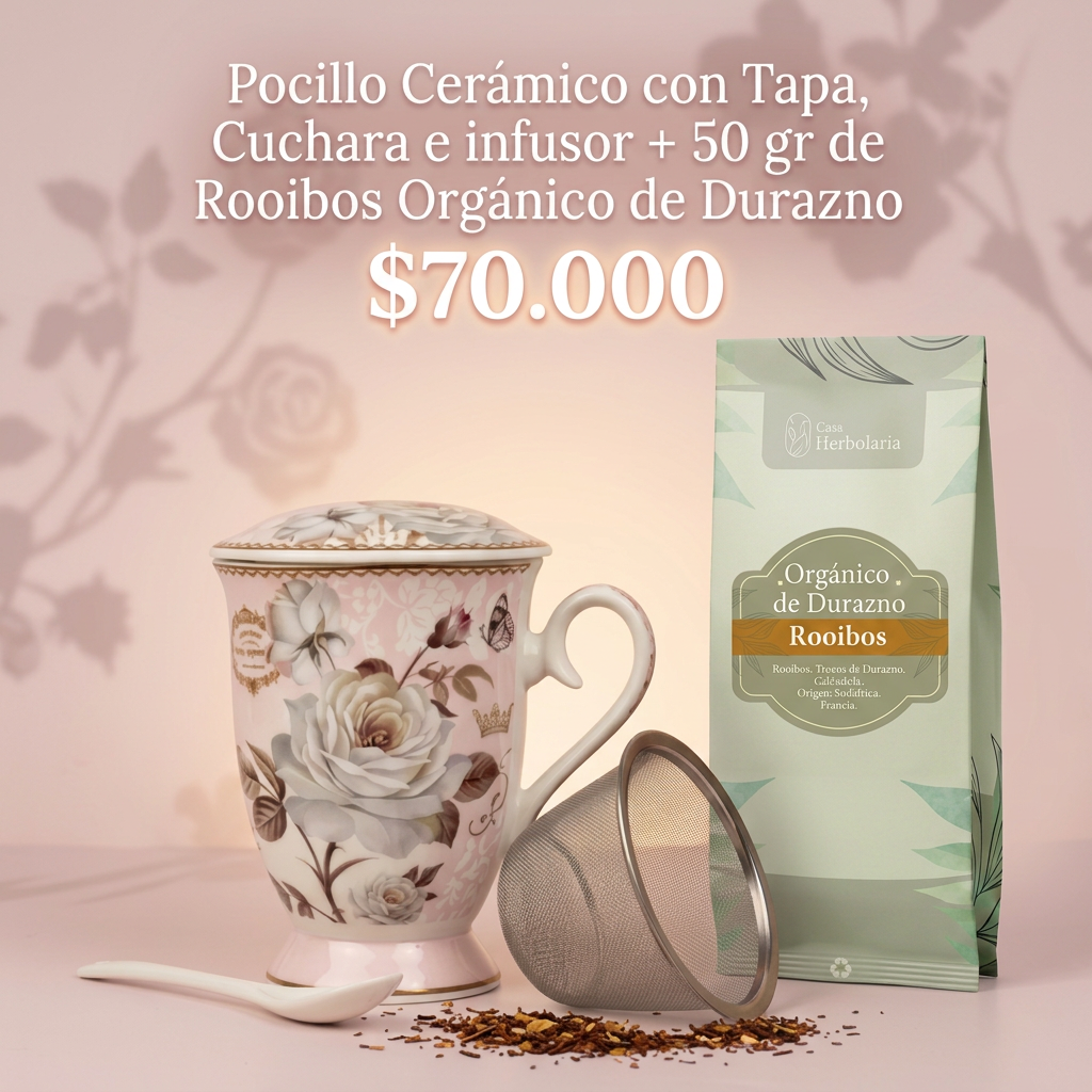 Set Pocillo de Cerámica con Infusor y Cuchara + 50 gr de Rooibos Orgánico de Durazno