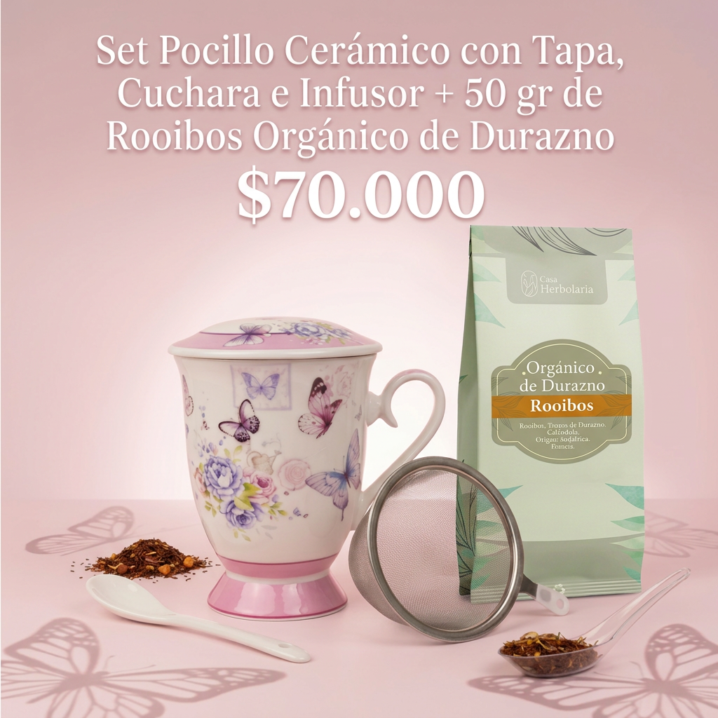 Set Pocillo de Cerámica con Infusor y Cuchara + 50 gr de Rooibos Orgánico de Durazno