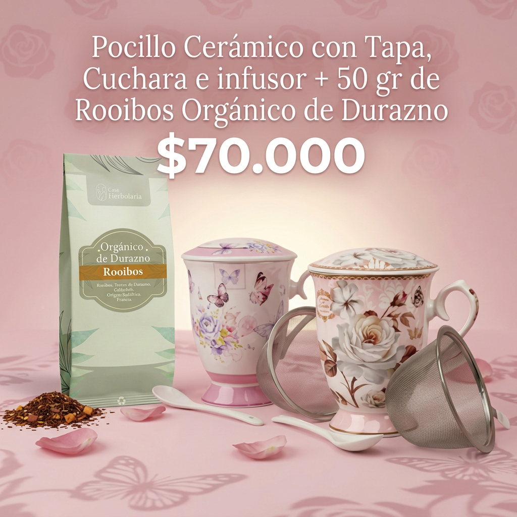 Set Pocillo de Cerámica con Infusor y Cuchara + 50 gr de Rooibos Orgánico de Durazno