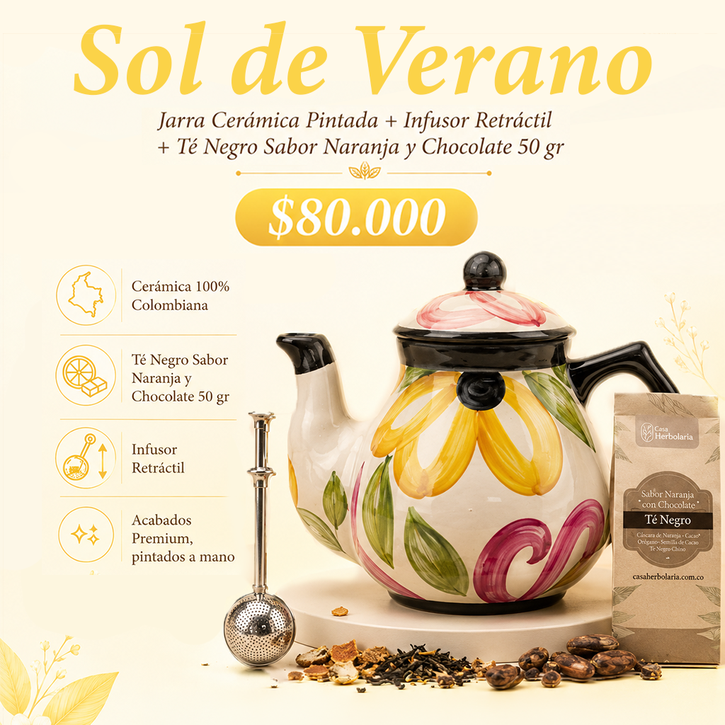 Jarra Cerámica Pintada + Infusor Retráctil + Té Negro Sabor Naranja y Chocolate 50 gr