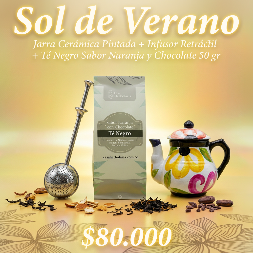 Jarra Cerámica Pintada + Infusor Retráctil + Té Negro Sabor Naranja y Chocolate 50 gr
