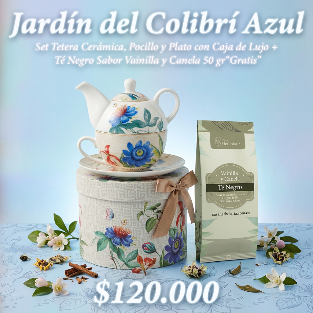 Set Tetera Cerámica, Pocillo y Plato con Caja de Lujo + Té Negro Sabor Vainilla y Canela 50 gr