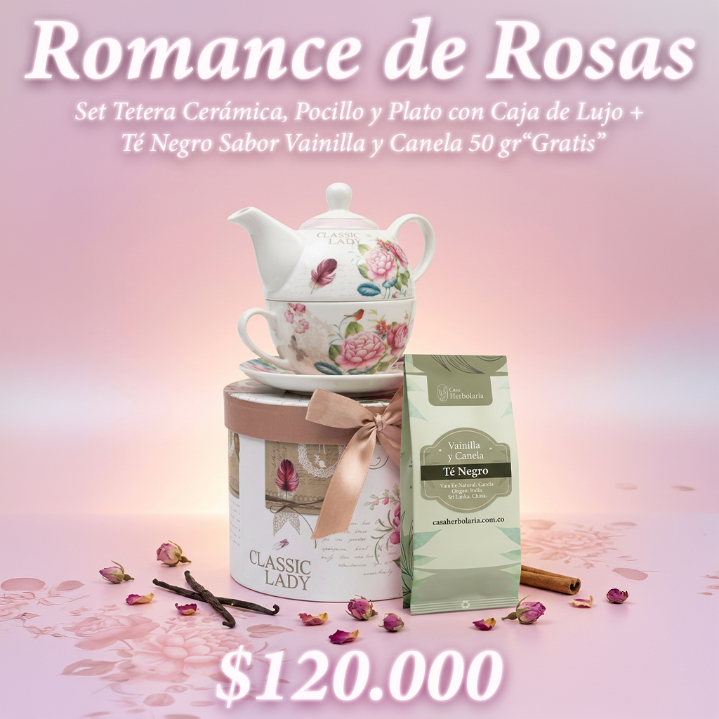 Set Tetera Cerámica, Pocillo y Plato con Caja de Lujo + Té Negro Sabor Vainilla y Canela 50 gr