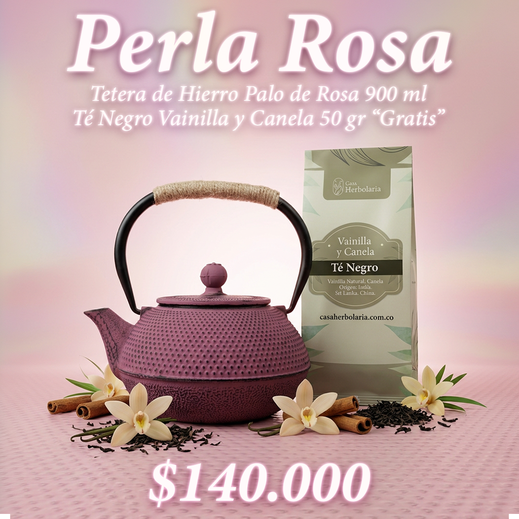 Tetera Palo de Rosa 900 ml + Té Negro Vainilla y Canela 50 gr