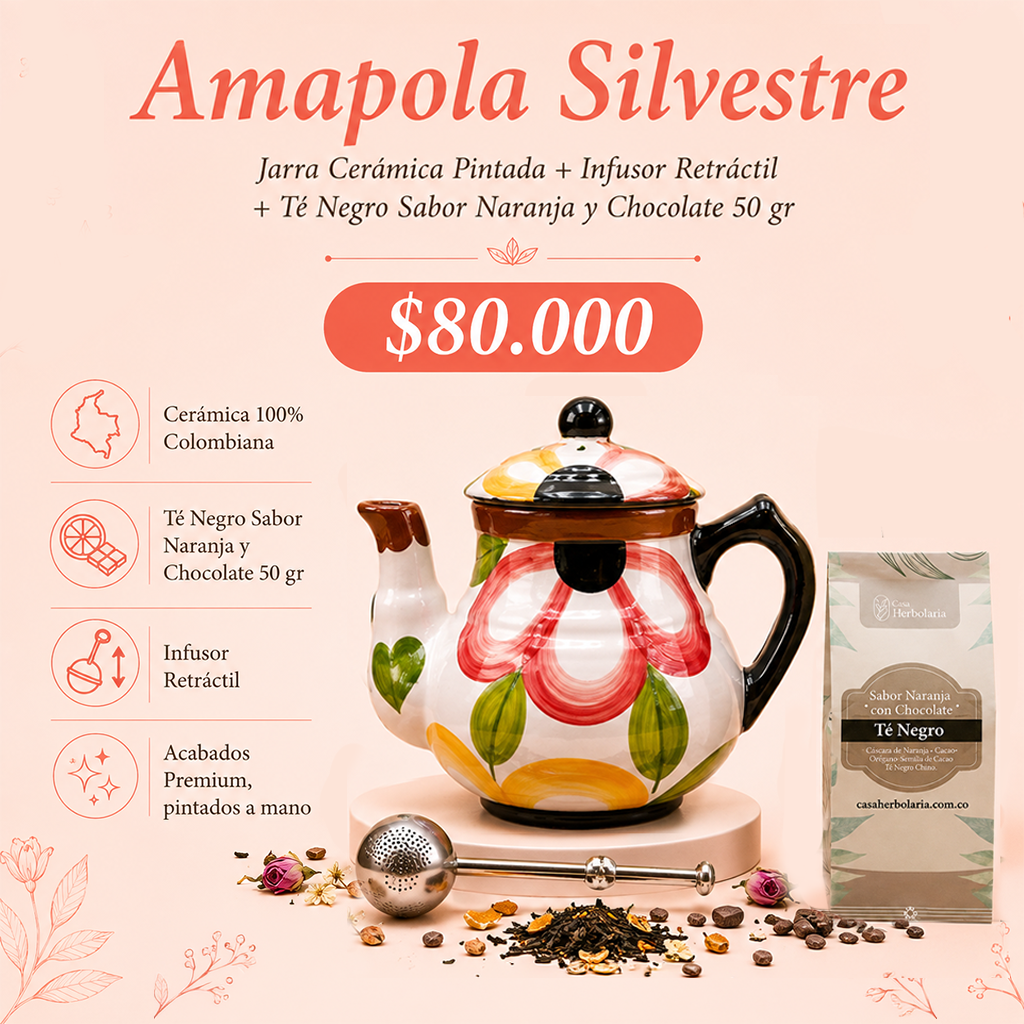Jarra Cerámica Pintada + Infusor Retráctil + Té Negro Sabor Naranja y Chocolate 50 gr