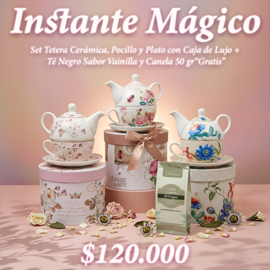 Set Tetera Cerámica, Pocillo y Plato con Caja de Lujo + Té Negro Sabor Vainilla y Canela 50 gr
