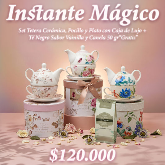 Set Tetera Cerámica, Pocillo y Plato con Caja de Lujo + Té Negro Sabor Vainilla y Canela 50 gr