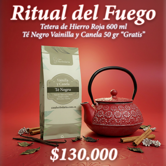 Tetera de Hierro Roja 600 ml + Té Negro Sabor Vainilla y Canela 50 gr