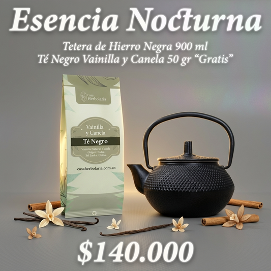Tetera de Hiero Negra 900 ml +Té Negro Sabor Vainilla y Canela 50 gr