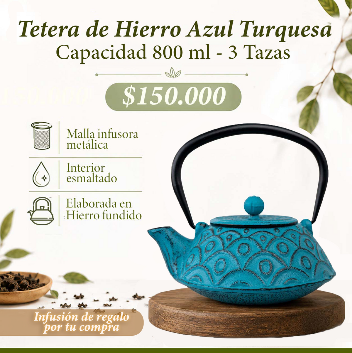 Tetera de Hierro Azul Turquesa 800 ml