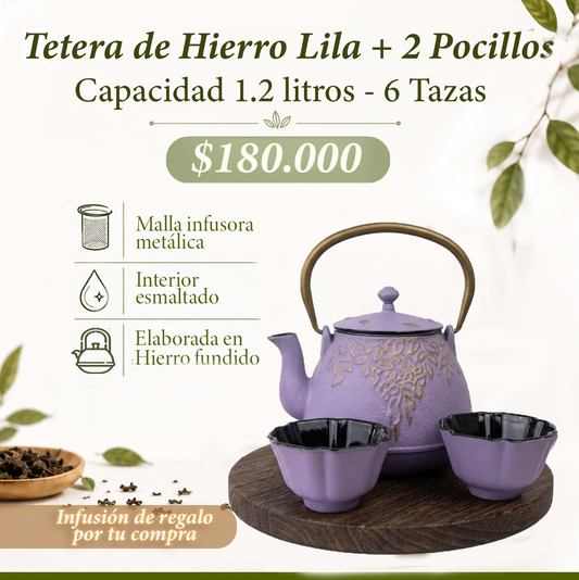 Tetera de Hierro Lila 900 ml + 2 Pocillos de Hierro