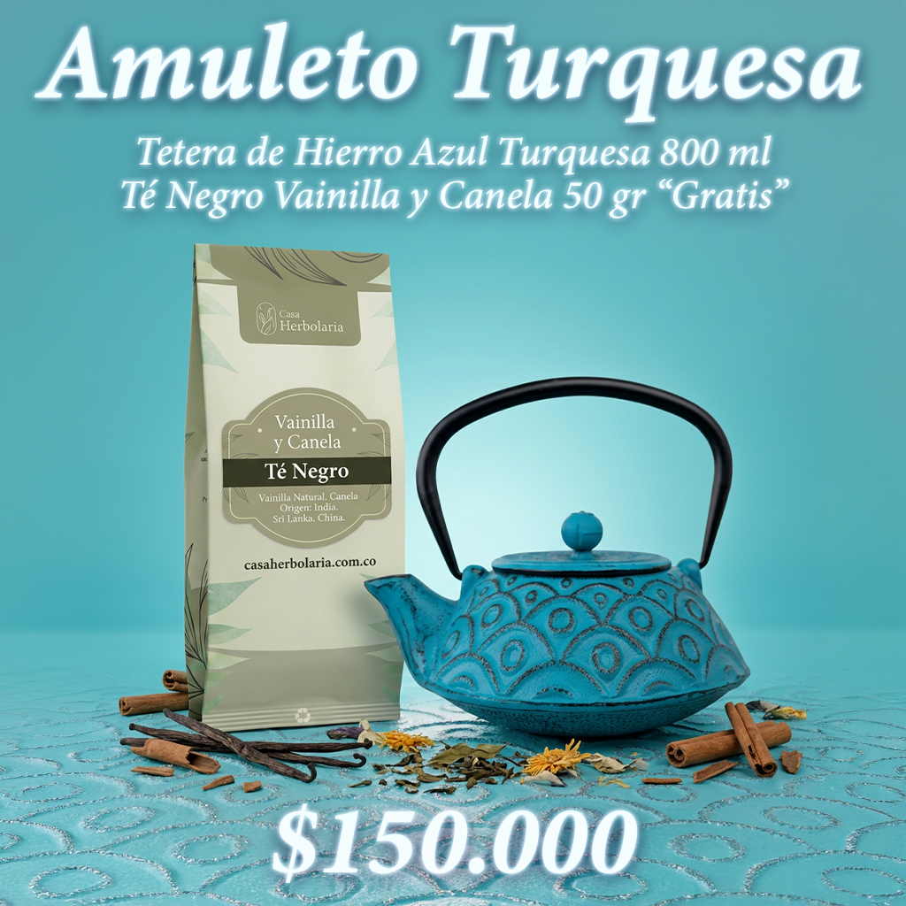 Tetera de Hierro Azul Turquesa 800 ml + Té Negro Sabor Vainilla y Canela