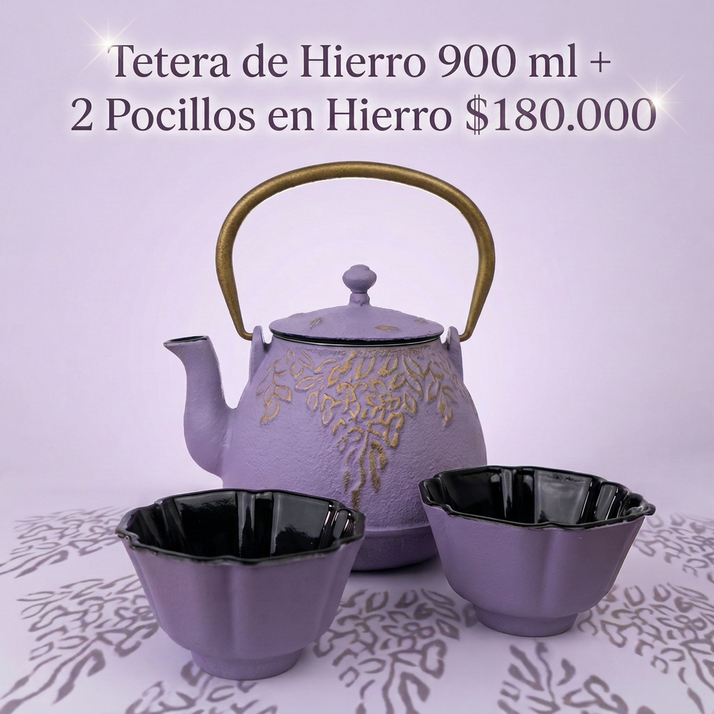 Tetera de Hierro Lila 900 ml + 2 Pocillos de Hierro