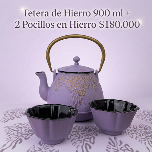 Tetera de Hierro Lila 900 ml + 2 Pocillos de Hierro