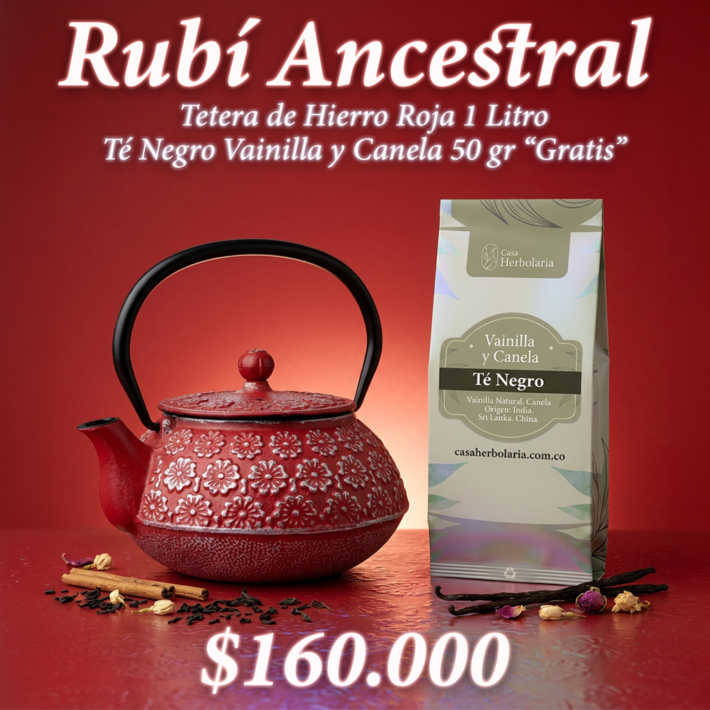 Tetera de Hierro Roja 1 Litro + Té Negro Sabor Vainilla y Canela 50 gr