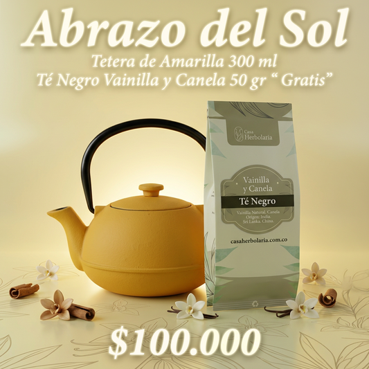 Tetera de Hierro Amarilla 300 ml + Té Negro Sabor Vainilla y Canela