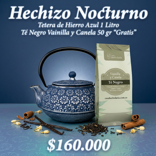 Tetera de Hierro Azul 1 Litro + Té Negro Vainilla y Canela 50 gr