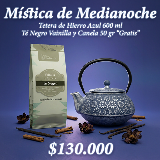 Tetera de Hierro Azul 600 ml + Té Negro Sabor Vainilla y Canela 50 gr
