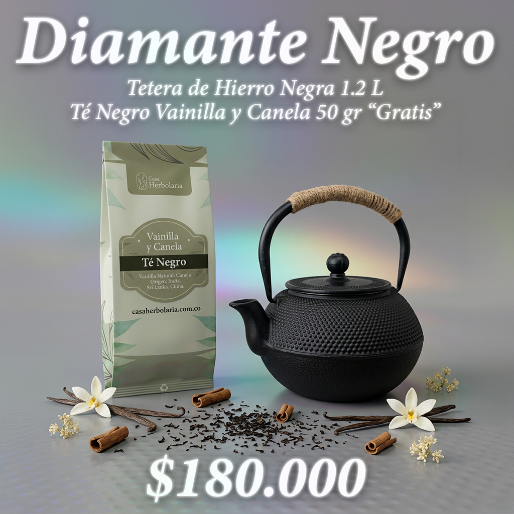 Tetera de Hierro Negra 1.2 L + Té Negro Sabor Vainilla y Canela