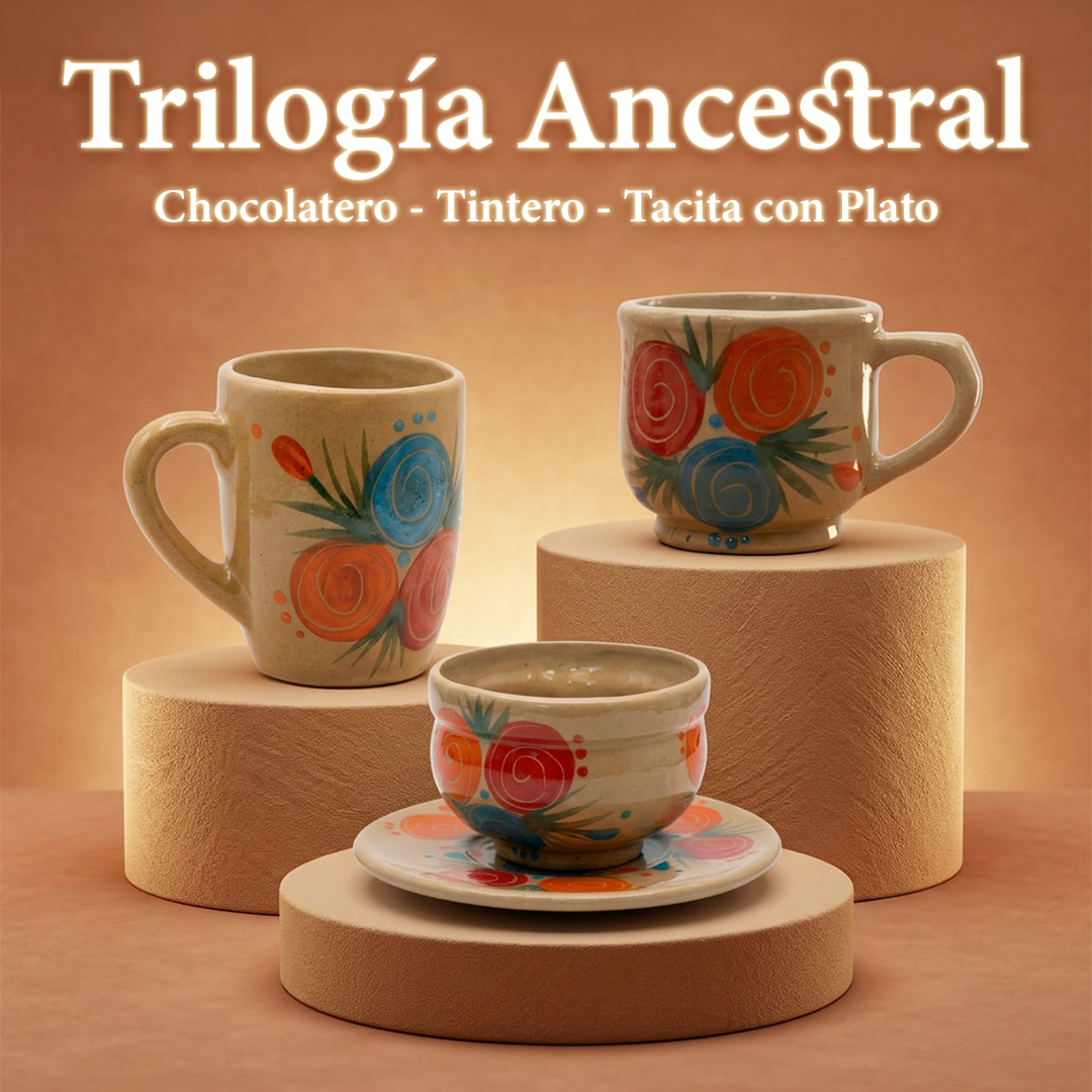 Trilogía Ancestral Pocillos Cerámicos Decorados - Chocolatero - Tintero - Tacita con Plato