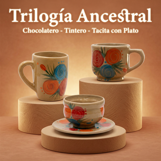Trilogía Ancestral Pocillos Cerámicos Decorados - Chocolatero - Tintero - Tacita con Plato